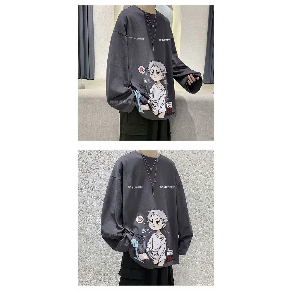 2024 Herren Langarm T-Shirt Herbst Unterhemd Langarm Baumwolle Herbst Hong Kong Stil Druck Lose Trendy Top