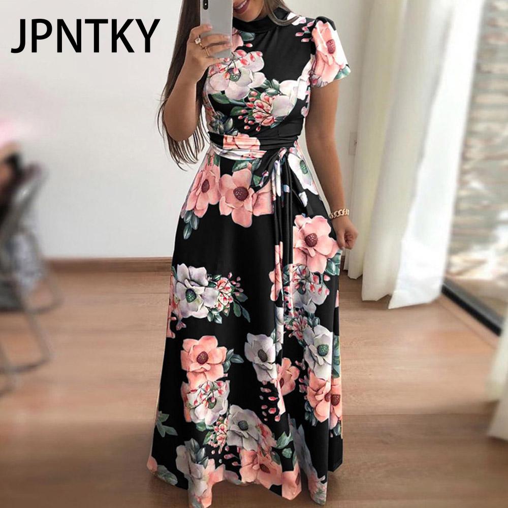 

Женское летнее платье в пол JPNTKY, с цветочным принтом, с коротким рукавом, с круглым вырезом, повседневные платья XXL чёрный