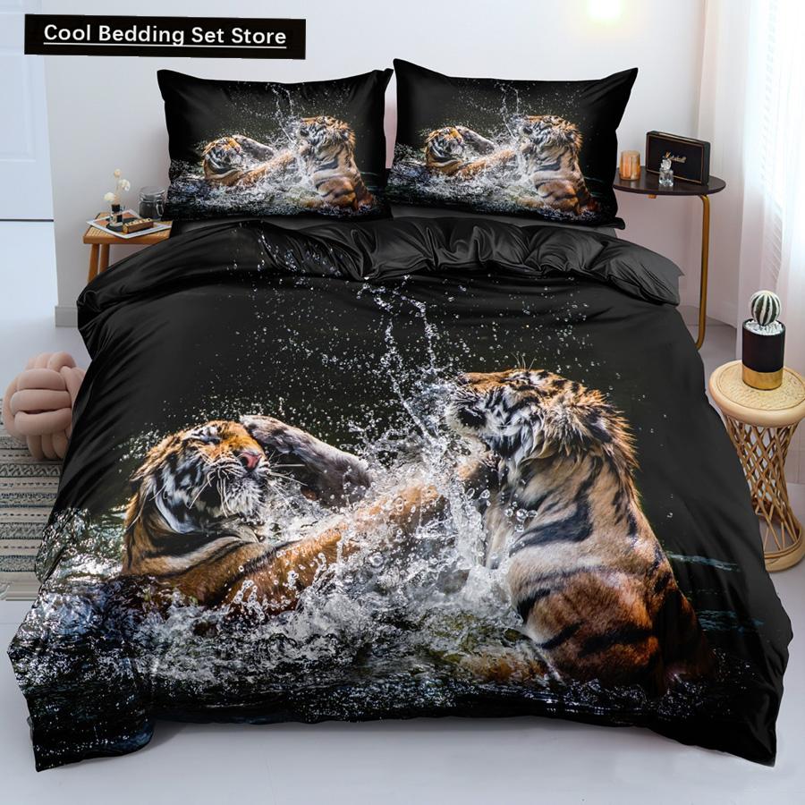 Comforter Lion Tiger King Queen Lovely Wild Animals Bedding Set For Kids Teens Adults Wildlife Grey Black 2/3Pcs