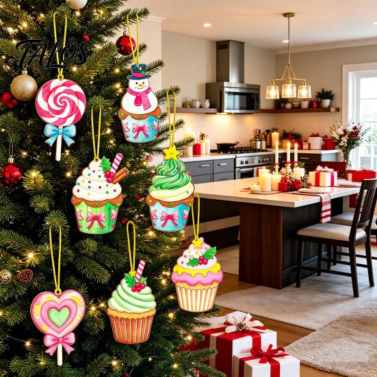 Holiday Hanging Pendants Christmas Wooden Ornament, Lollipop Cupcake Ice Cream Popsicle Cute Snowman Decor Decorations for Xmas Tree, Window,