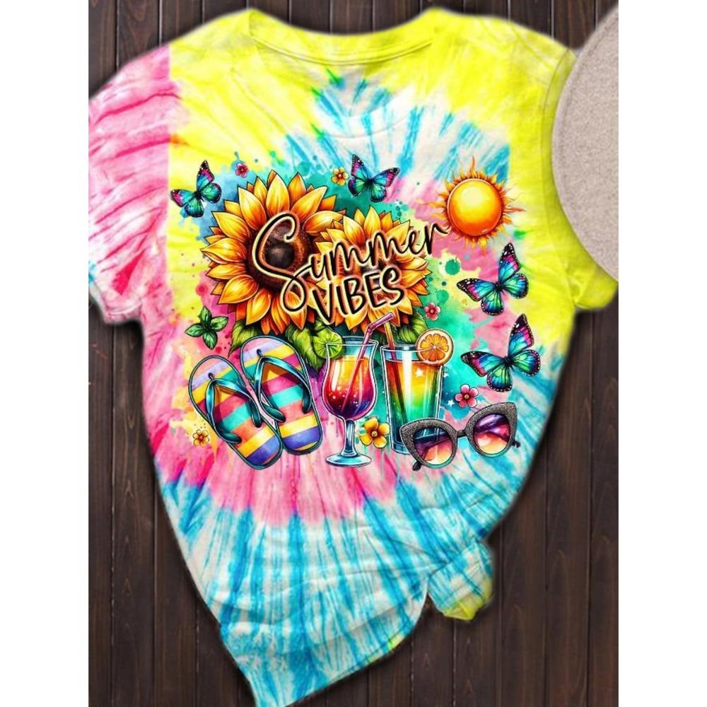 Women's T Shirt Ombre Graphic Animal Casual Short Sleeve Round Neck Regular Tops Daily Print Rainbow Summer Women's Clothing