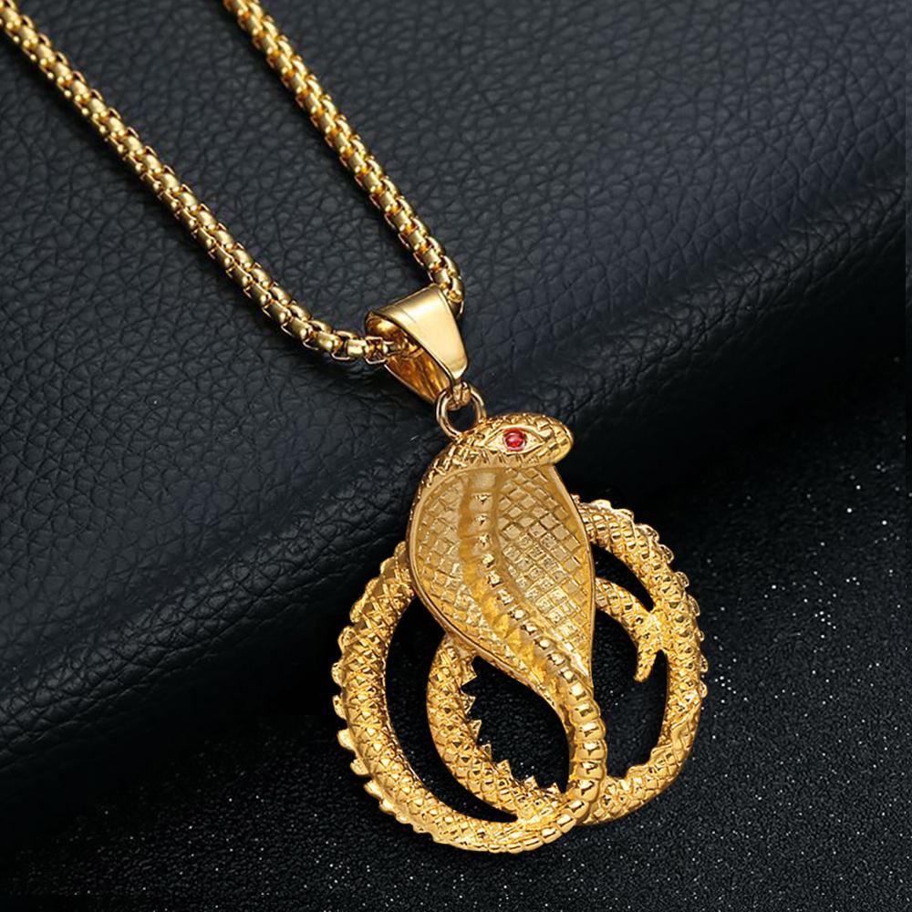 Hip Hop Iced Out CZ Cobra Snake Pendant Necklaces Male Gold Color Stainless Steel Animal Necklaces For Women Men Jewelry Gift
