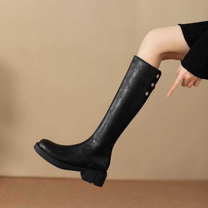 

Fashion Middle Heel Leather Round Toe Long Boots for Women Autumn Winter Chic and Elegant Fashion 2025 Sale Knee High Shaft Shoes Woman 35