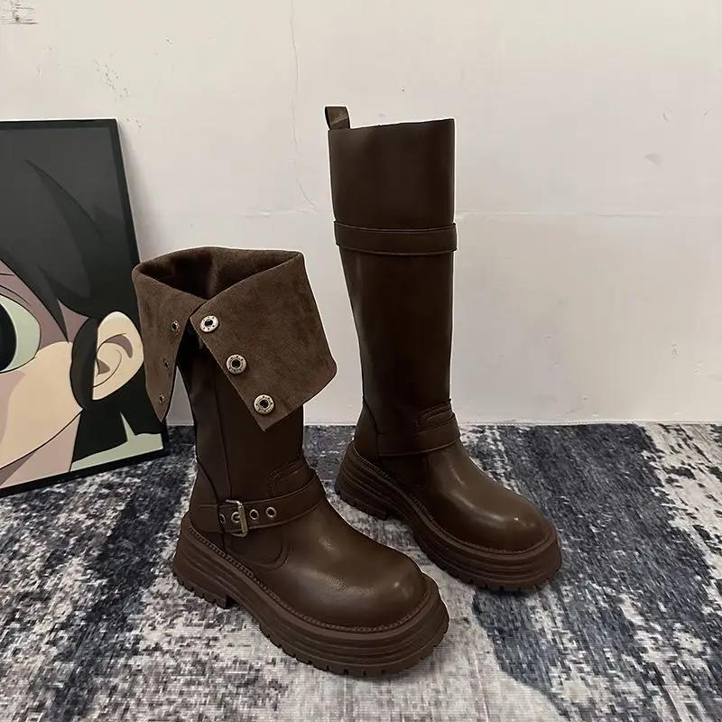 Long Boots  Autumn New Item Thick Sole Versatile Height Increasing Lapel Knight Boots For Women
