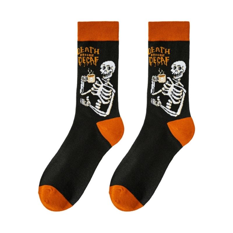 Halloween Themed Cotton Socks Elastic Cuffs Breathable Fabric Practical Wear Festive Ghosty Pumpkin Patterns