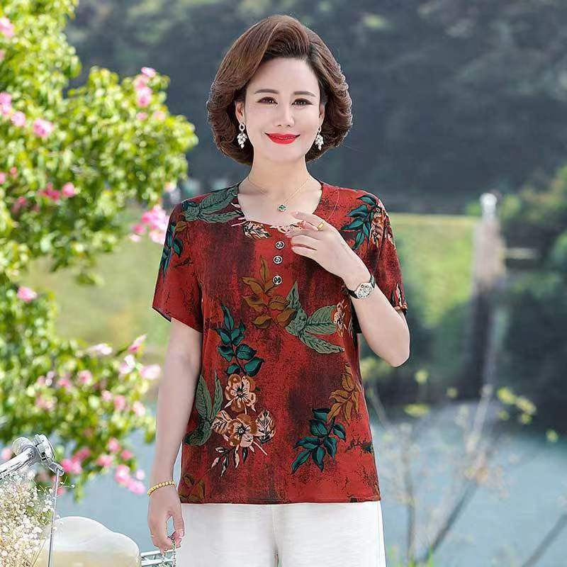 Dámské krátkorukávové s velkým potiskem Ledové hedvábí Krátkorukávové Volné Velké Velikosti Top Trhané Květiny Sto Triček