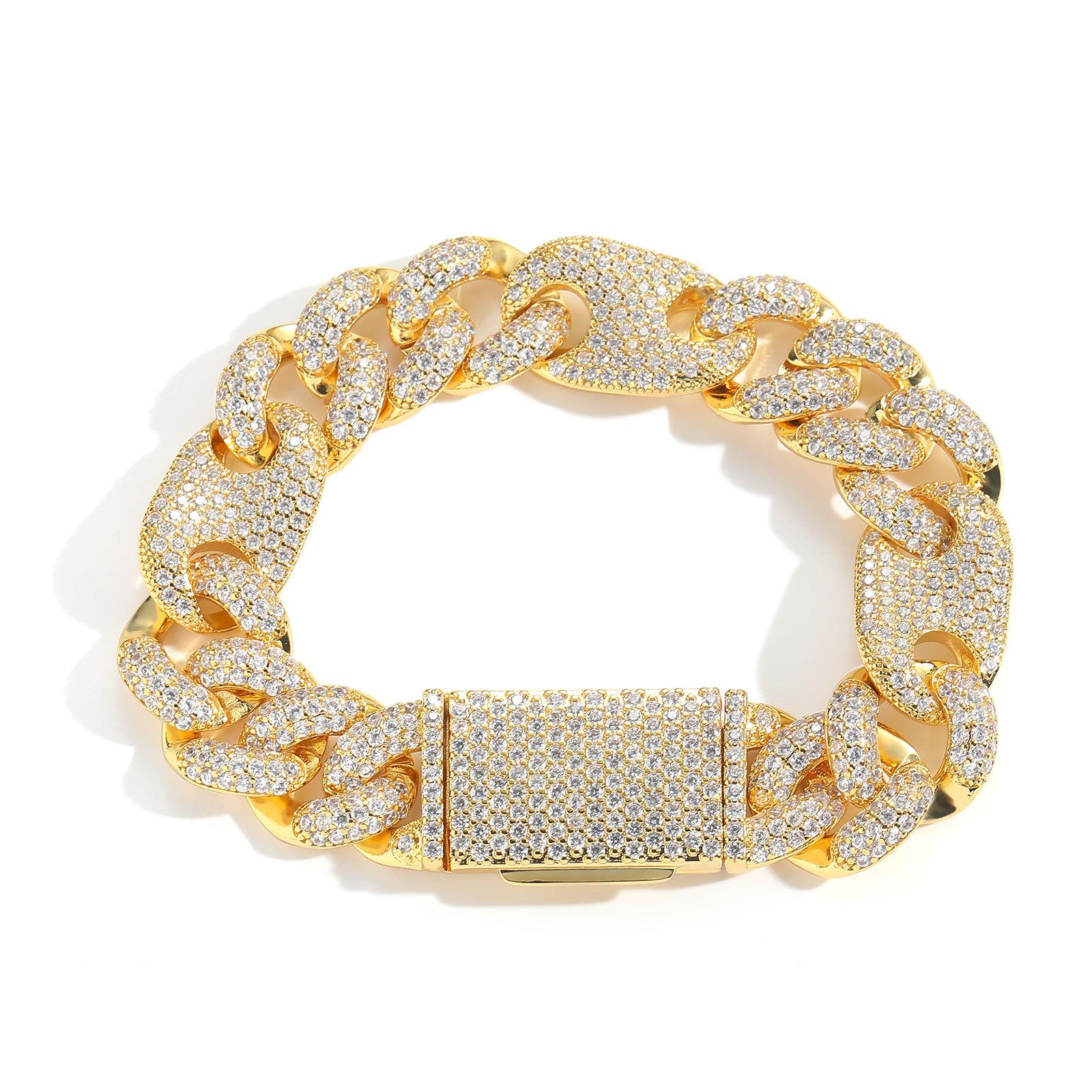 New European American Brass Zircon 15mm Pig Nose Bubble Unisex Trendy Cuban Bracelet Hip-hop Silver/Platinum Plated Versatile cross&7inch(17.78cm)