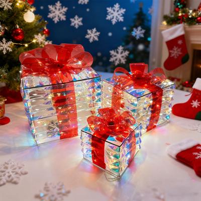 3 Pcs Boîtes Cadeaux Lumineuses de Noël Boîtes Cadeaux Pré-Illuminées avec Nœud et Lumière LED pour Décor de Pelouse de Fête à Domicile en Intérieur