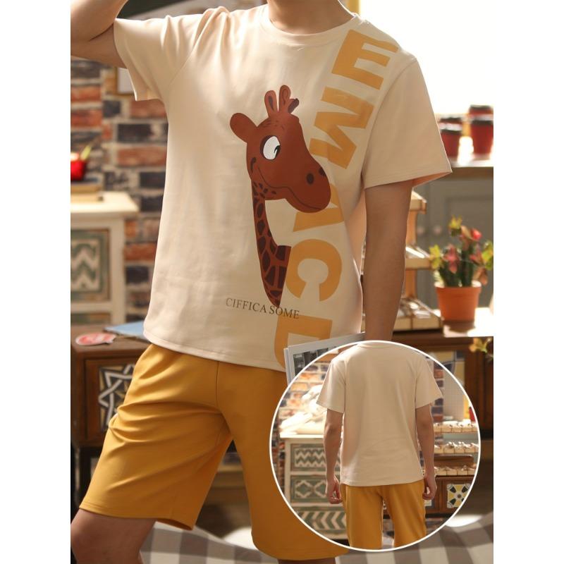 Men s fashionable cartoon pajamas, thin summer short-sleeved casual men s home wear set S