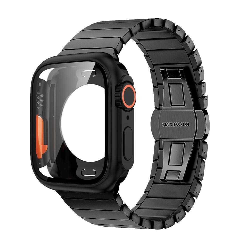 Strap+Case for Apple Watch Band 46mm 42mm 45 41 40 44mm Stainless Steel Bracelet  PC Cover for Iwatch Series11 10 9 8 7 6 SE 5 4