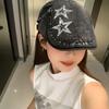 Japanese Style British Retro Denim Forward Hat for Women, Trendy Washed and Distressed Star Belt, Diamond Reverse Beret, Autumn Newsboy Hat