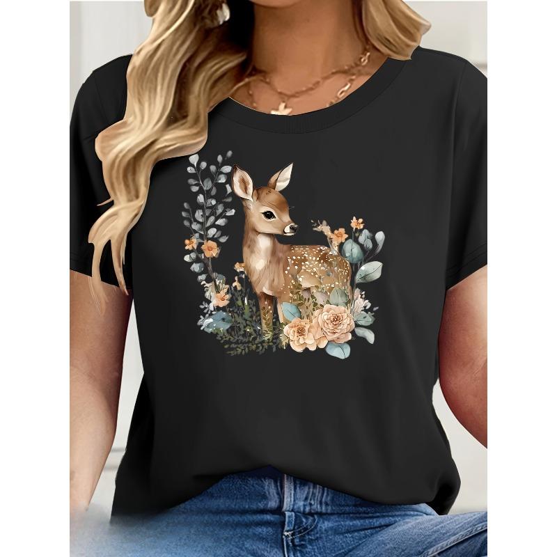 

European sizes Women S Short Sleeve T-Shirt with Deer & Floral Print - Casual Round Neck Tee, Lightweight & Breathable for Spring/Summer 4XL