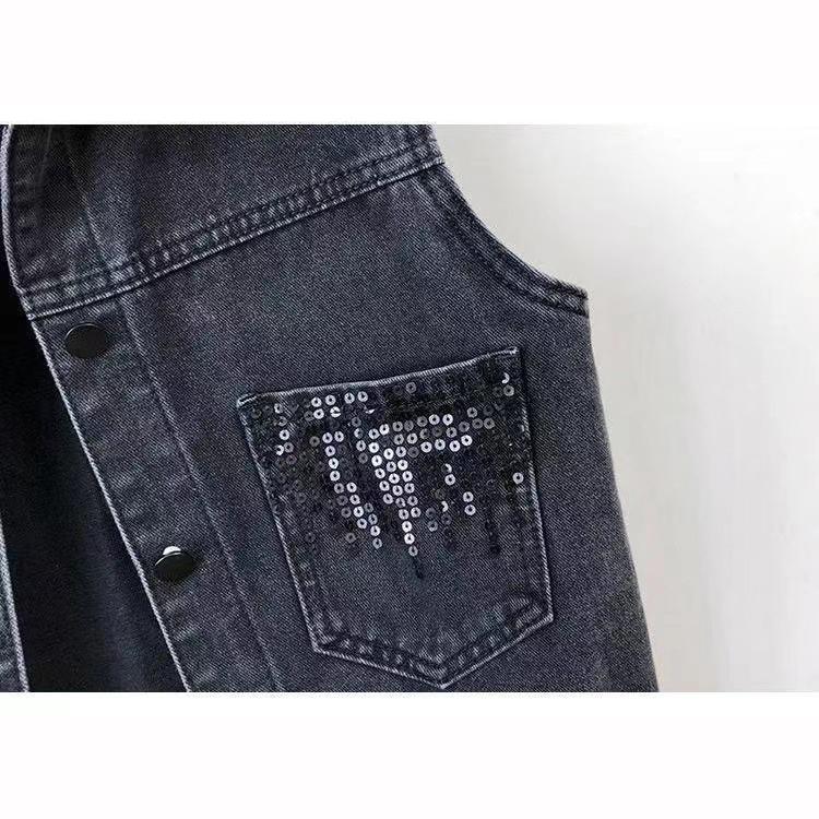 Fashion Design Sequins Summer Autumn Women's Waistcoat Korean Leeveless Denim Jeans Jacket Vest