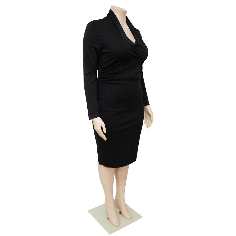 Plus Size European & American Fashion Casual Solid Color V-Neck Long Sleeve Dress