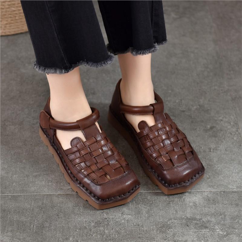 Johnature Genuine Leather Woven Breathable Flat Sandals Square Toe Soft Sole Versatile Women's Shoes