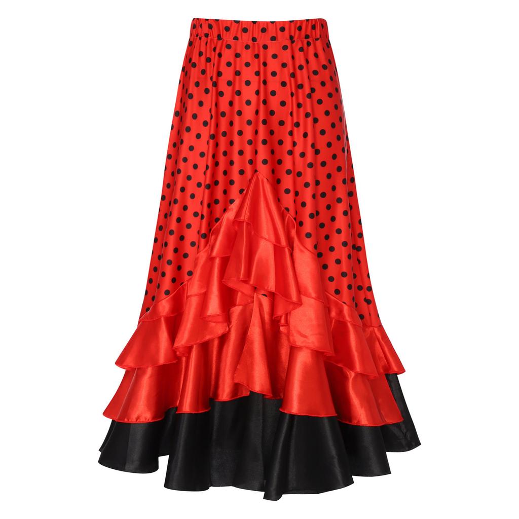 Mädchen Flamenco Tanzrock Pünktchenmuster Rüschenlagen Elastischer Bund Langer Rock Spanisches Bühnenoutfit