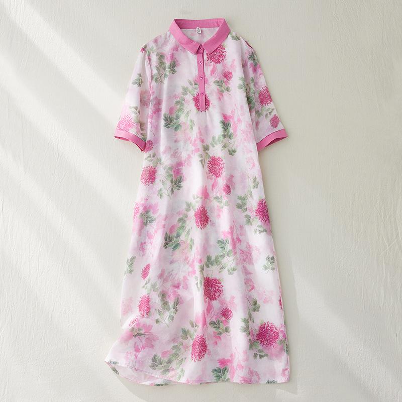 

Темпераментное платье из хлопка и льна с принтом, женское, лето 2025, новое, ретро, свободное, с воротником поло, рукав три четверти 2XL