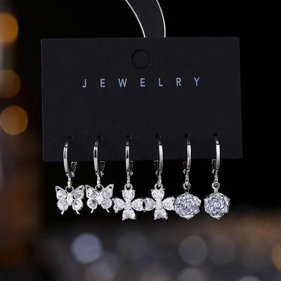 Crystal Butterfly & Flower Zircon Earrings Set - 3 Pairs with Silver Studs for Women