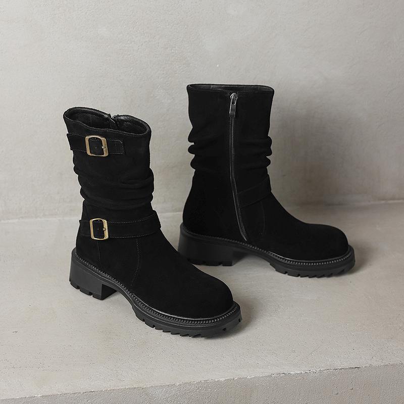 Krazing Pot Fashion Cow Suede Nubuck Winter Round Toe Modern Boots Med Heels Slip on Pleated Style Metal Buckle Mid-calf Boots