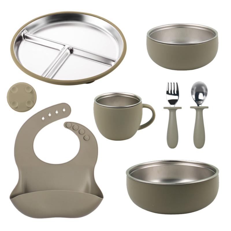 7-Piece Children's Dishes Set Baby Stainless Silicone Tableware Set Suction Cups Forks Spoons Mother and Baby Supplies