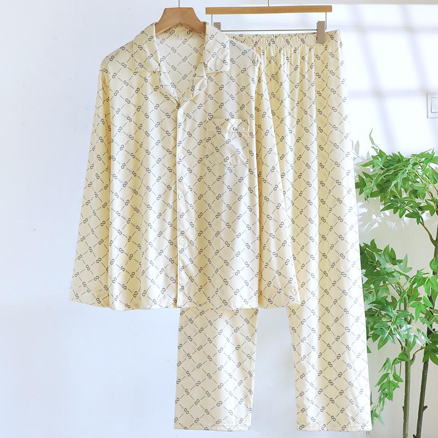 Men's Loose-Fit Pure Cotton Pajama Set: Long Sleeve Cardigan & Pants for Spring/Autumn