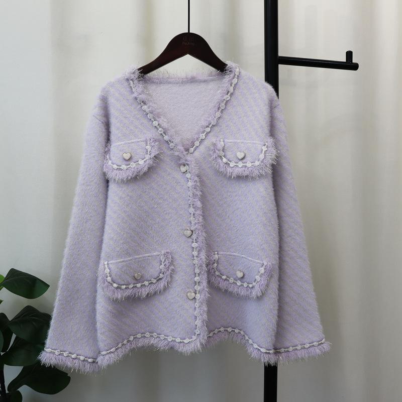 

Осень и зима новый вязаный кардиган из искусственного норкового бархата с застежкой-сердечком, высококачественный темпераментный свитер-жакет женский one size fits all фиолетовый