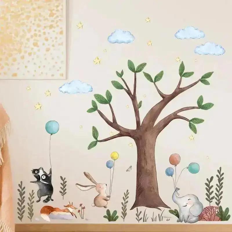 Big Tree Rabbit Balloon Cartoon Wallpaper Living Room Childrens Room Cute Decorative Wall Stickers Self-adhesive Wall Stickers