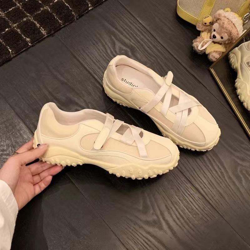 Cowhide version! 5cm inner height-increasing platform ballet training shoes women's summer breathable mesh Mary Jane sports and leisure shoes