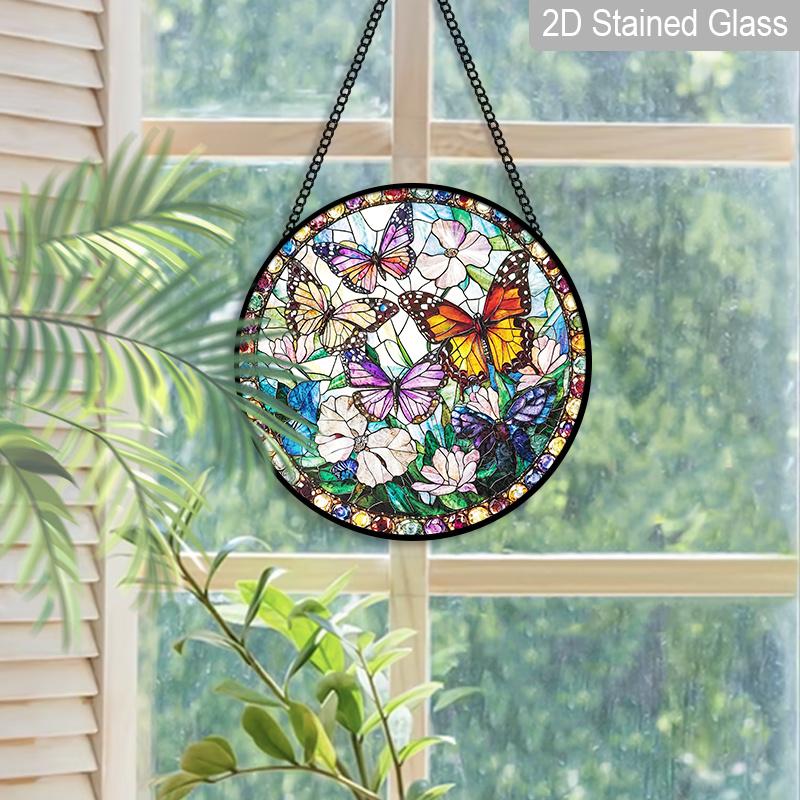 2D Flat, 1pc Butterflies & Flowers Round 7.87in Glass Suncatcher, Colorful Butterflies & Flowers Print Window Hanging Ornament, Vibrant Nature Home