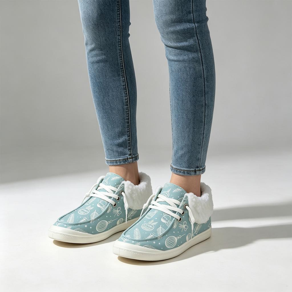 Damen Weihnachts-Print Flache Freizeitschuhe, -gefütterte Warme Baumwoll-Hausschuhe für den Winter