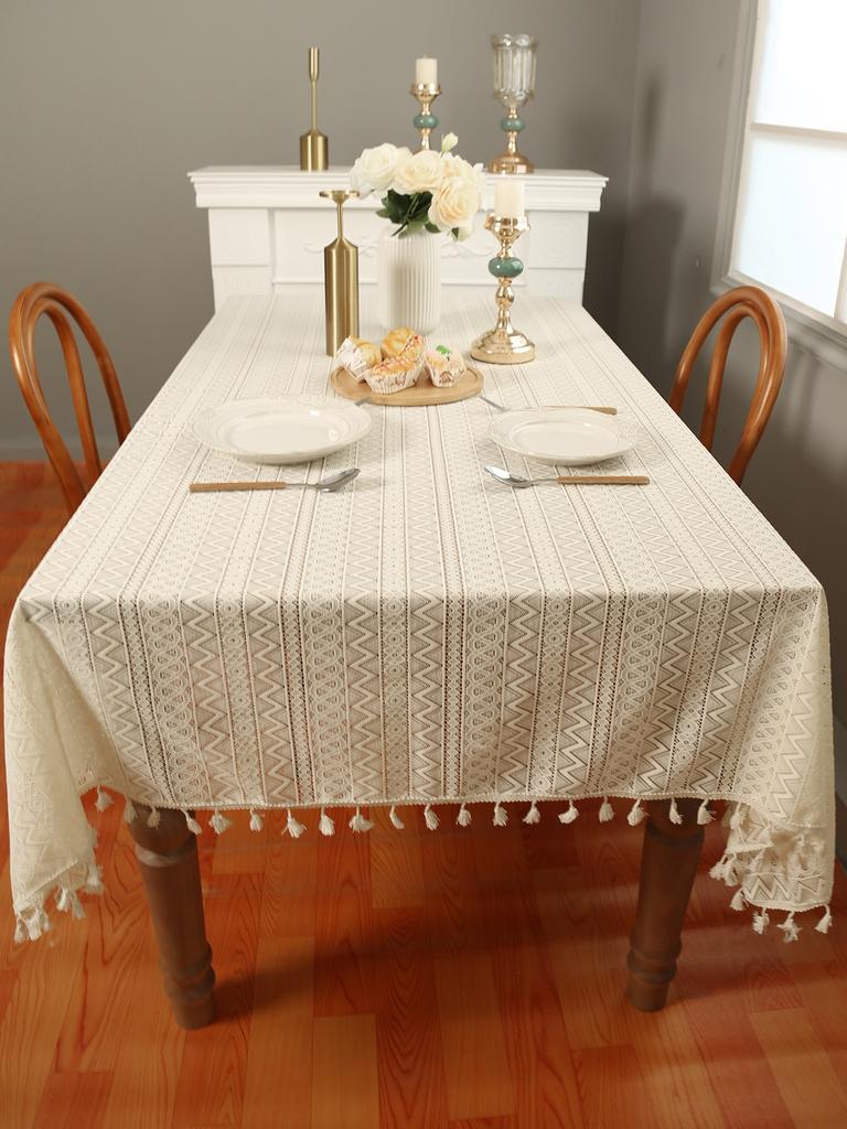 Beige Wave Triangular Lace With Tassel Tablecloth, Dining Table Fabric Decoration