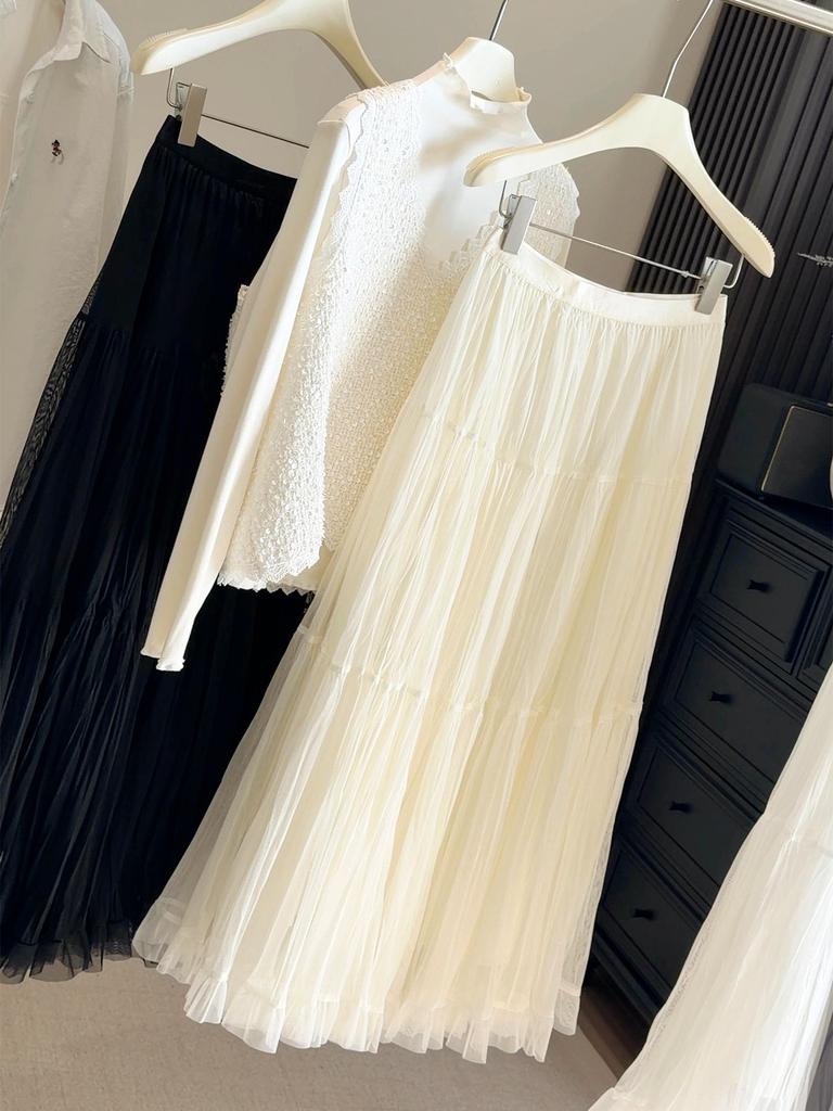 Women's 2026 Spring High-Waisted Ruffled A-Line Mesh Skirt