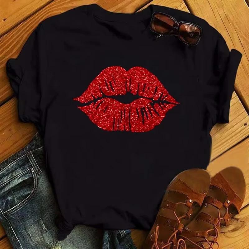 2025 Women Summer Short Sleeve Tshirts Fashion Red Lips Finger Print Ladies T-shirts Top Cartoon Womens Graphic Tees T-Shirts