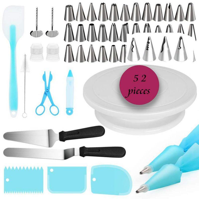 52pcs Metal Baking Tool Set with Cake Turntable Essential Cake Decorating Supplies Kit синий
