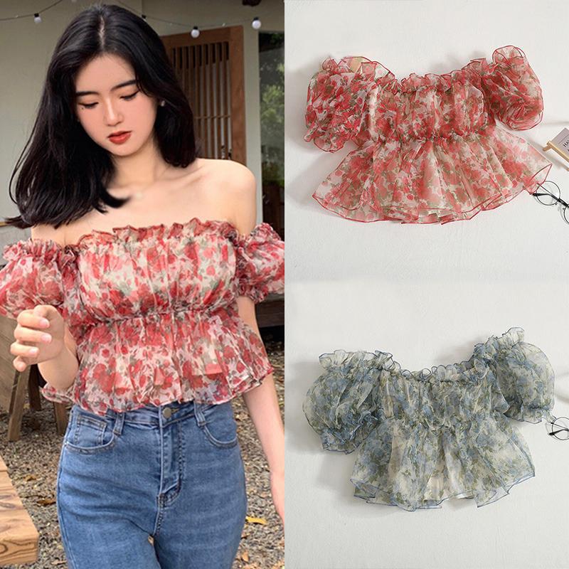 Dámské halenky Letní síťované s květinovým potiskem Houba Jidášovo ucho Strečová košile Pufované krátké rukávy Zkrácený top