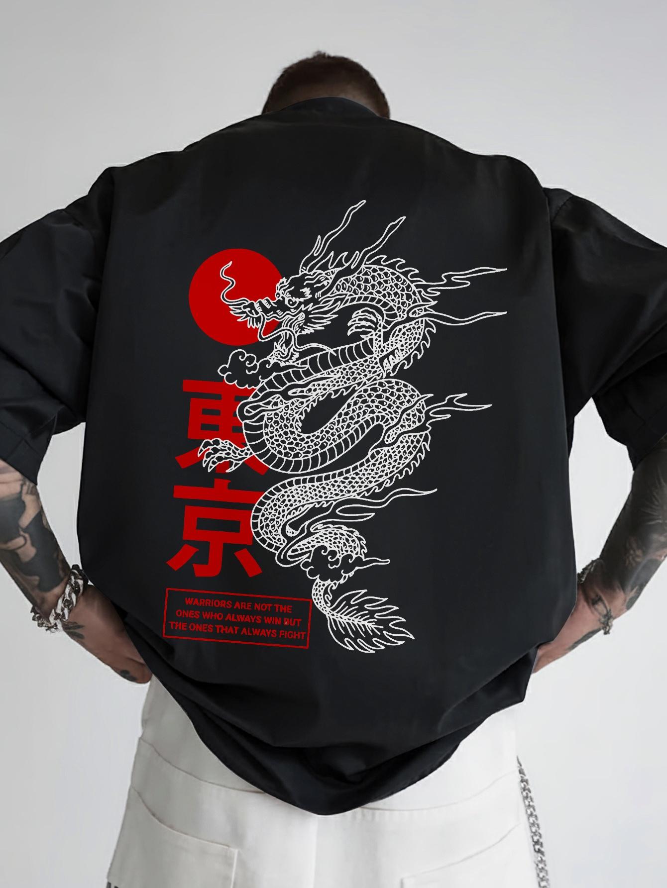 Japanese Dragon Back Print T-shirt - Black with Red & White Accent - Lightweight Breathable Polyester Shirt for Summer S