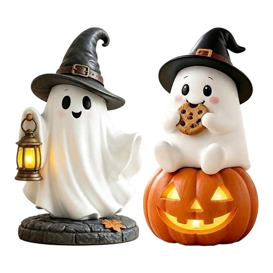 Indoor Decorative Light Lighted Halloween Ghost Figurine, Spooky Resin Witch on Pumpkin/Holding Lantern Desktop Ornament Statue with LED for Bookshelf