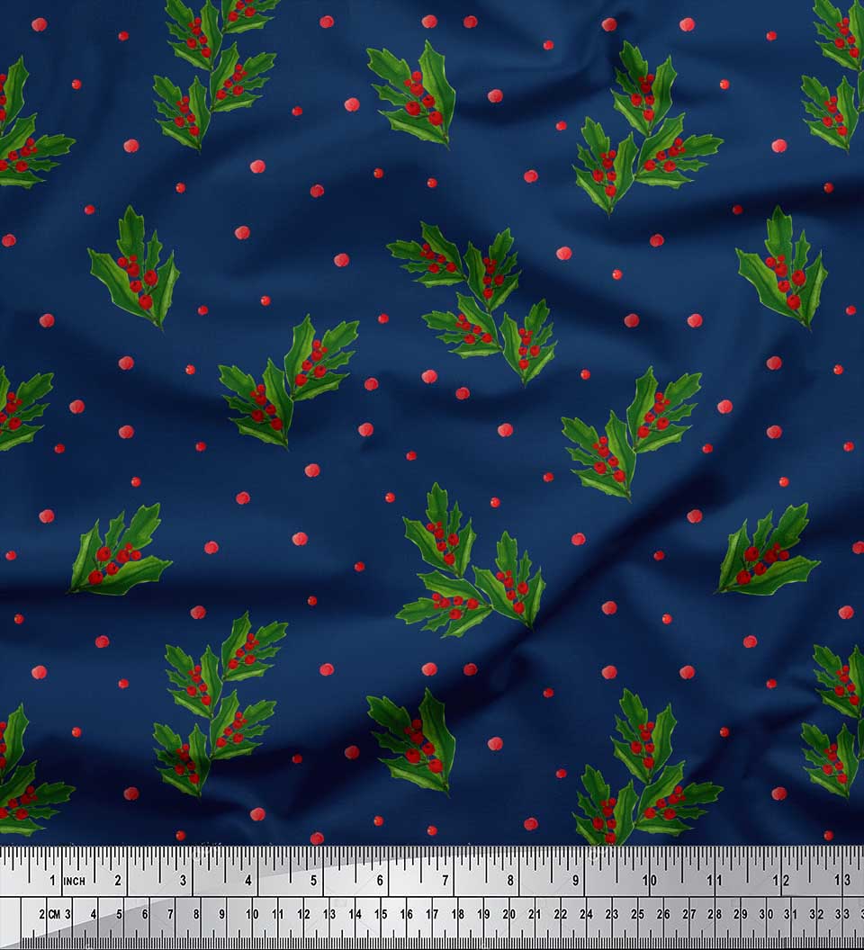 

Soimoi Зелений японський креп-сатин Тканина з принтом «Червоні ягоди та листя падуба» метр 42 дюйма 42 Inch Wide - Poly Crepe оксфорд синього кольору