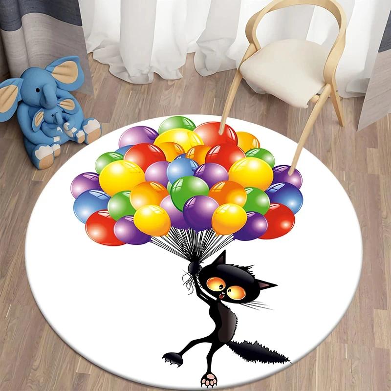 Black Cat Round Carpet Kawaii Cartoon Animal Print Rug for Living Room Bedroom Chair Decor Comfort Yoga Mat Non Slip Floor Mats