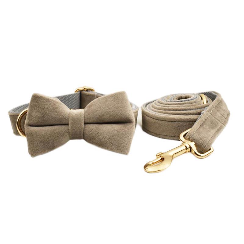 Adjustable Gray Velvet Dog Collar and Leash with Engraving Option