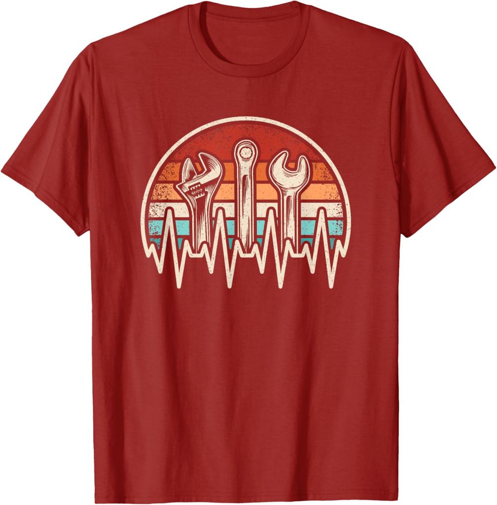 Mechanic Heartbeat Wrench Spanner Retro Sunset Graphic Tee Vintage Auto Repair Short Sleeve T-Shirt