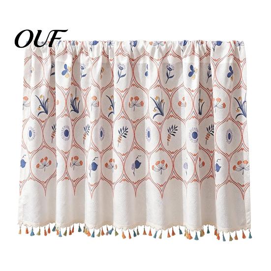Watercolor Botanical Curtains Wildflowers Blossom Oven Skirt, Floral Valance Curtain with Colorful Tassels, Rod Pocket, Farmhouse Cabinet Stove Skirt