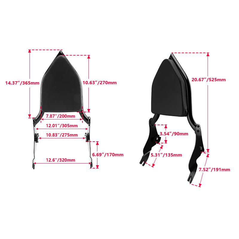 14" Motorcycle Black Sissy Bar Detachable Rear Passenger Backrest For Harley CVO Road Glide Street Glide Touring Road King 09-up