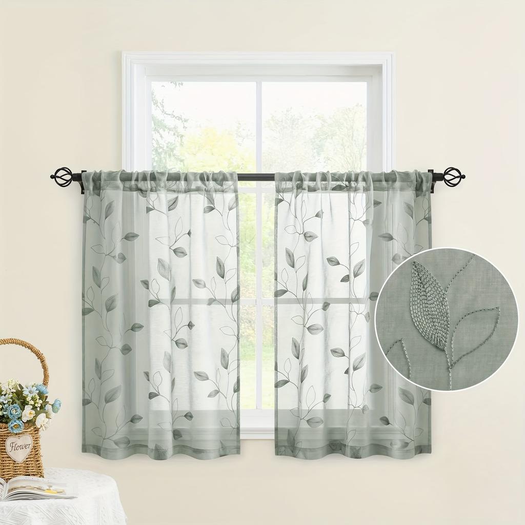 1pc Garden Style Embroidered Leaf Pattern Sheer Curtains, Rod Pocket Polyester Drapes for Bedroom, Living Room, Kitchen - Machine Washable
