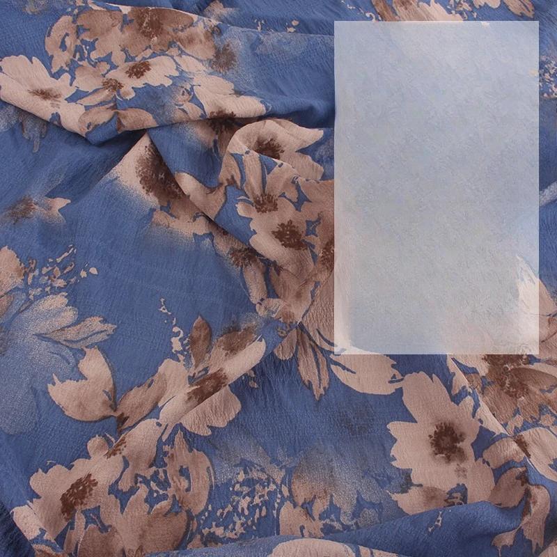 New Ink Print Floral Dress Fabric French Loose Halter Slimming Chinese Style Bubble Skirt Fabric Sewing for Clothes Dresses