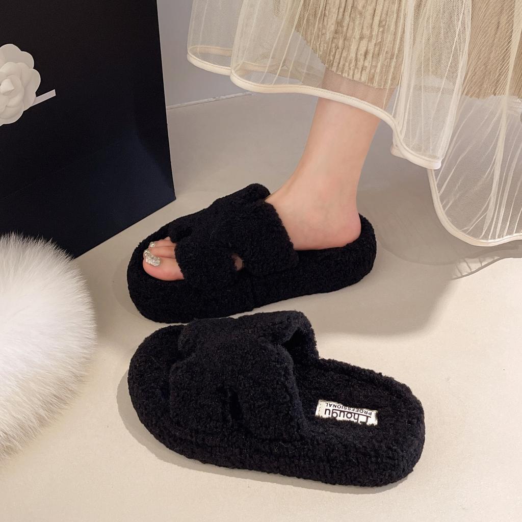 Premium Sense H Soft Bottom Fluffy Slippers Women's Outer Wear 2025 New Autumn and Winter Thick Bottom Wool Roll Home One-word Cotton Mop