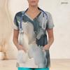 Women Plus Size Abstract Print Nurse Scrub Top V Neck Short Sleeve With Front Pockets