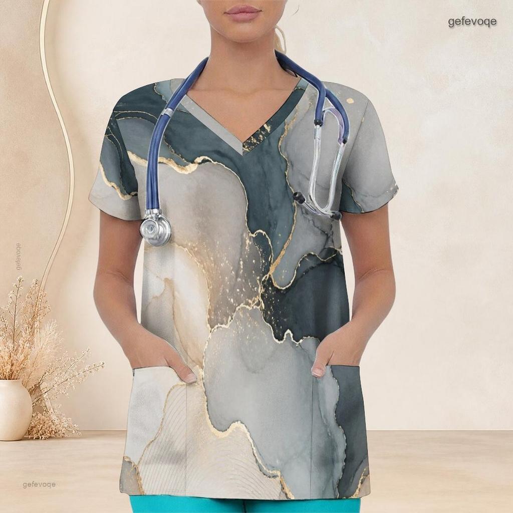 Women Plus Size Abstract Print Nurse Scrub Top V Neck Short Sleeve With Front Pockets