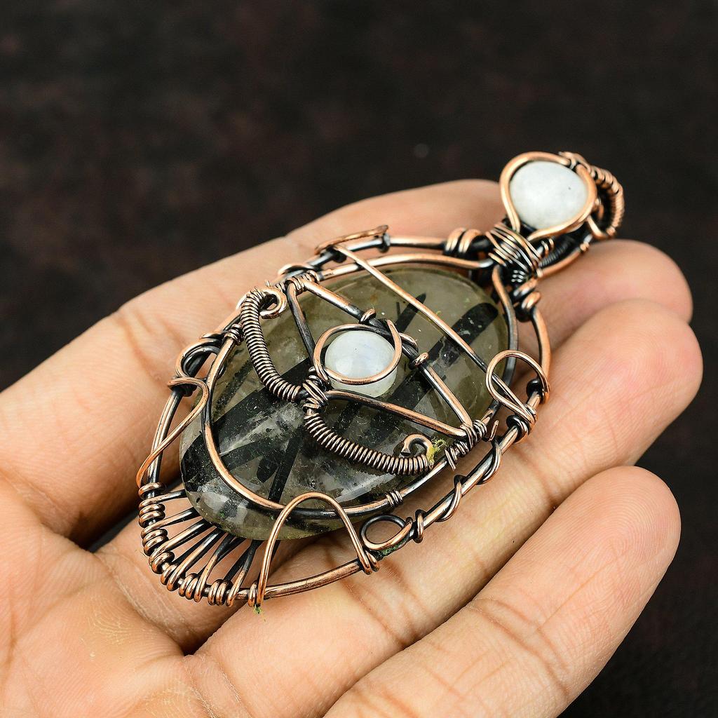 Evil Eye Black Rutile Copper Pendant Copper Wire Wrapped Jewelry Black Rutile Jewelry Moonstone Evil Eye Pendant Handmade Designer Pendant