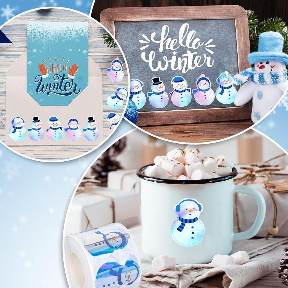 500pcs/roll Laser Type Reflective Labels Snowman Snowflake Stickers Self-Adhesive Decals Envelope